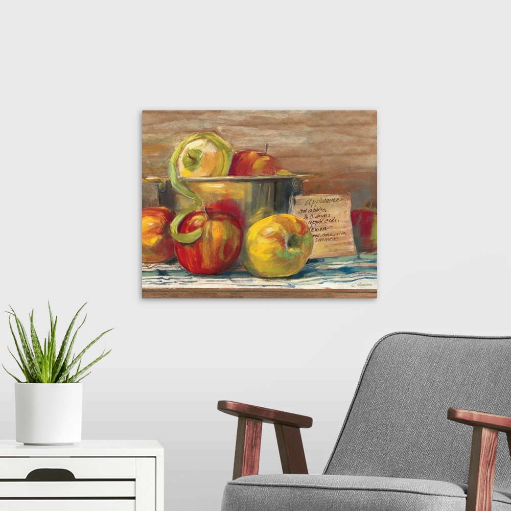 A modern room featuring Contemporary painting of a bucket of apples.
