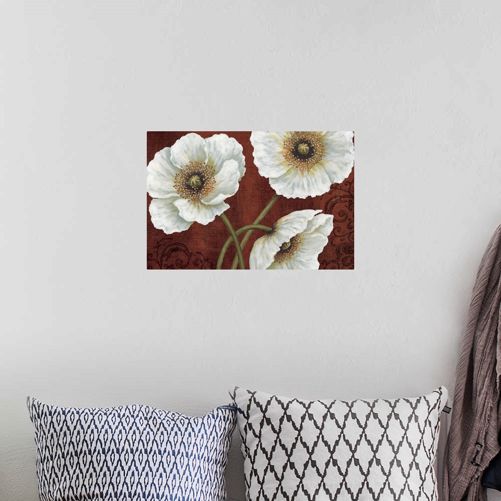A bohemian room featuring Big, horizontal docor wall art of three large white flowers, two upright and one slightly droppin...