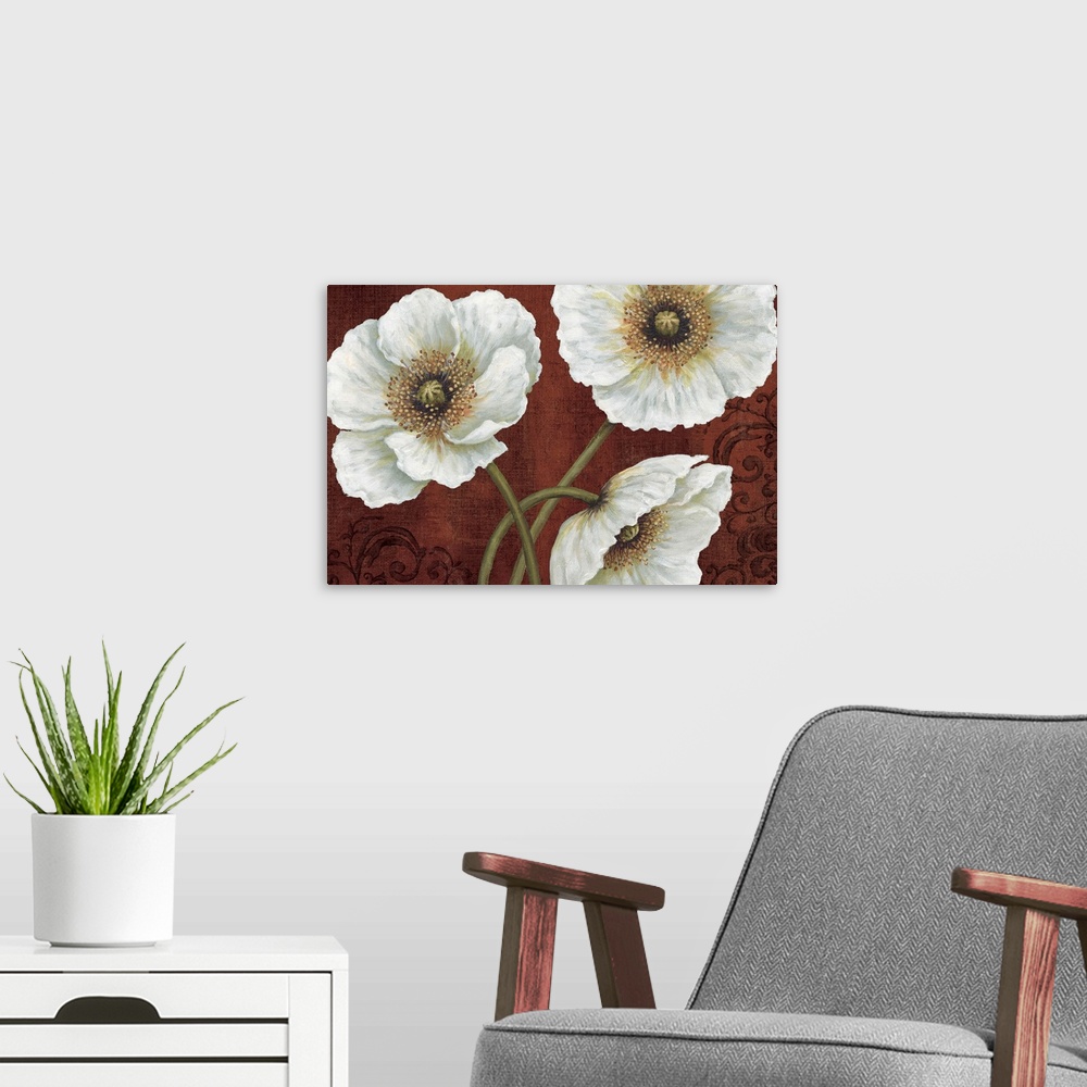 A modern room featuring Big, horizontal docor wall art of three large white flowers, two upright and one slightly droppin...