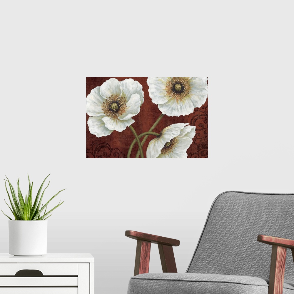 A modern room featuring Big, horizontal docor wall art of three large white flowers, two upright and one slightly droppin...