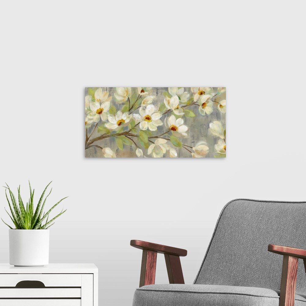 A modern room featuring Contemporary painting of magnolia flowers against a pale green background.