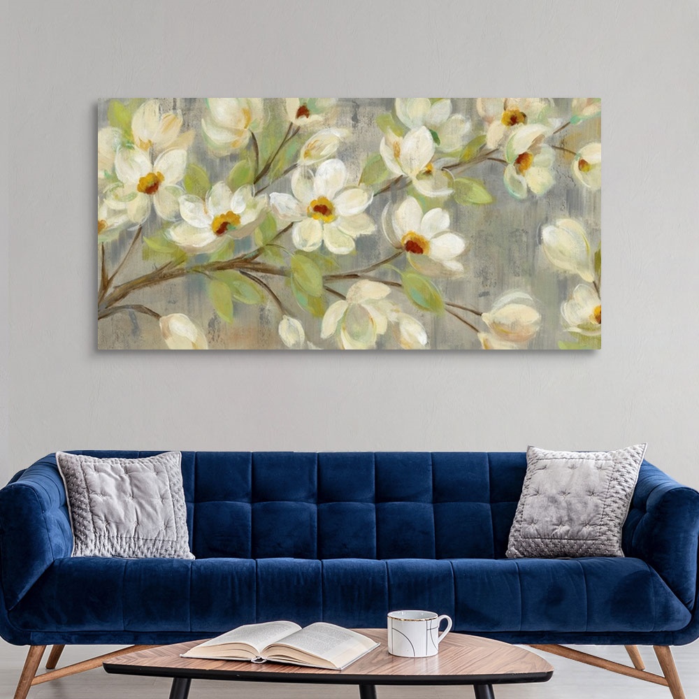 A modern room featuring Contemporary painting of magnolia flowers against a pale green background.