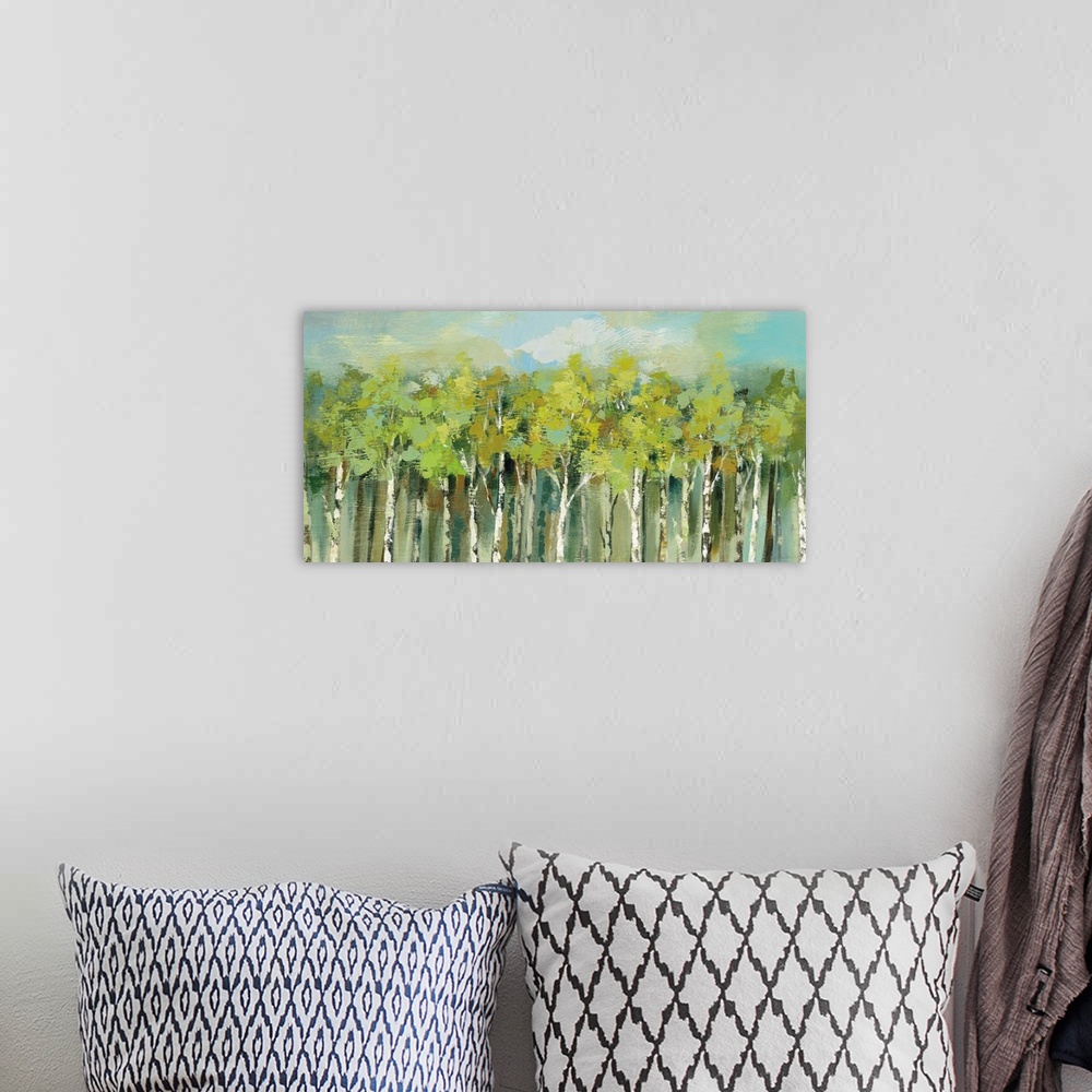 A bohemian room featuring Large abstract painting of woods full of birch trees with tree tops in various shades of green an...