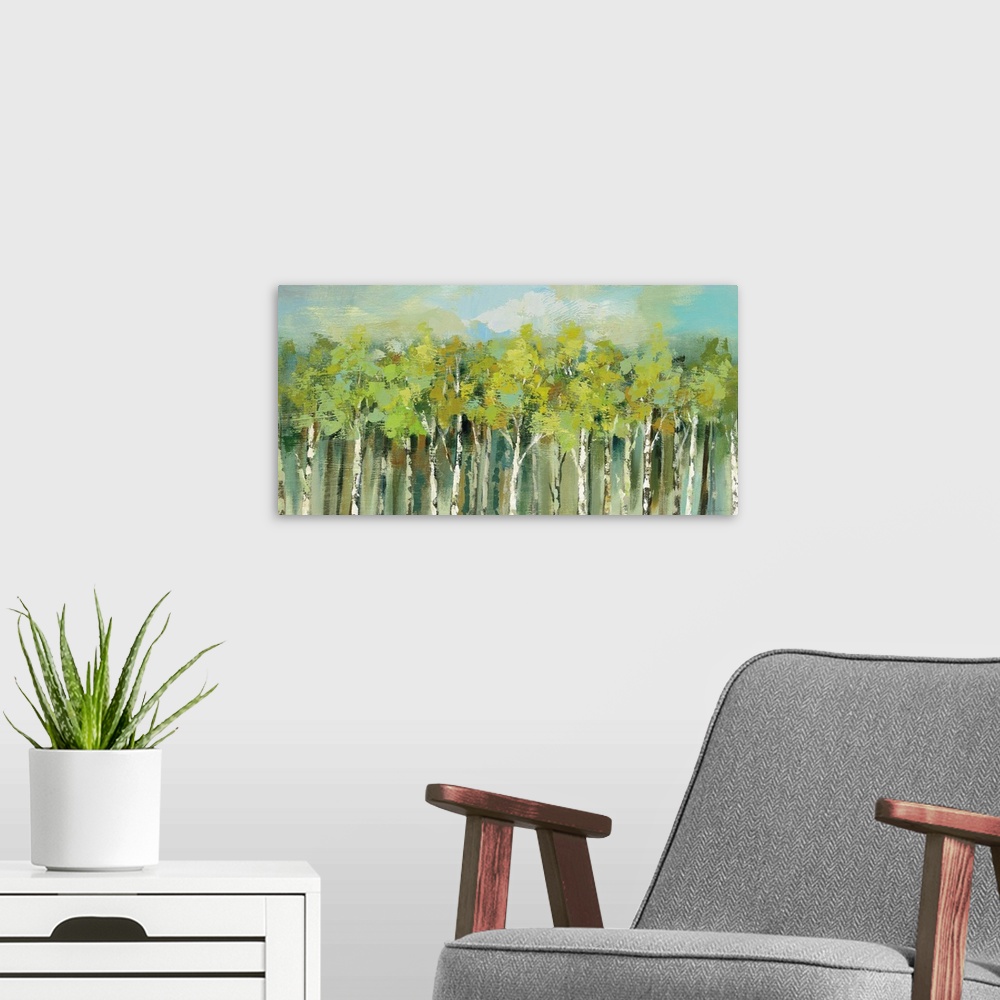 A modern room featuring Large abstract painting of woods full of birch trees with tree tops in various shades of green an...