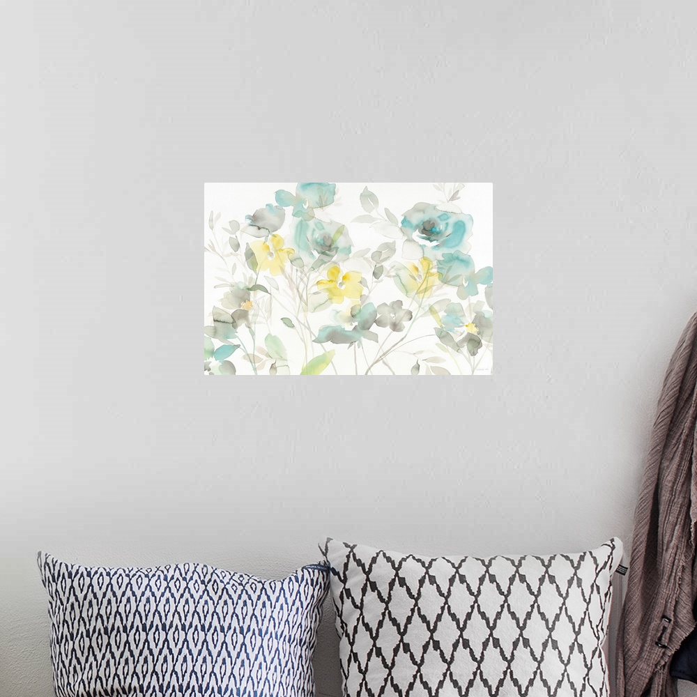 A bohemian room featuring Soft watercolor painting of blue, yellow, and gray flowers on a white background.