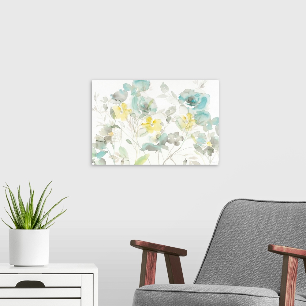 A modern room featuring Soft watercolor painting of blue, yellow, and gray flowers on a white background.