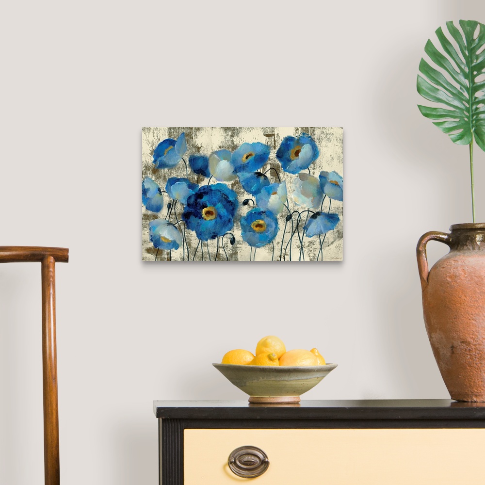 A traditional room featuring Big contemporary art that illustrates flowers and flower buds against a rough background.
