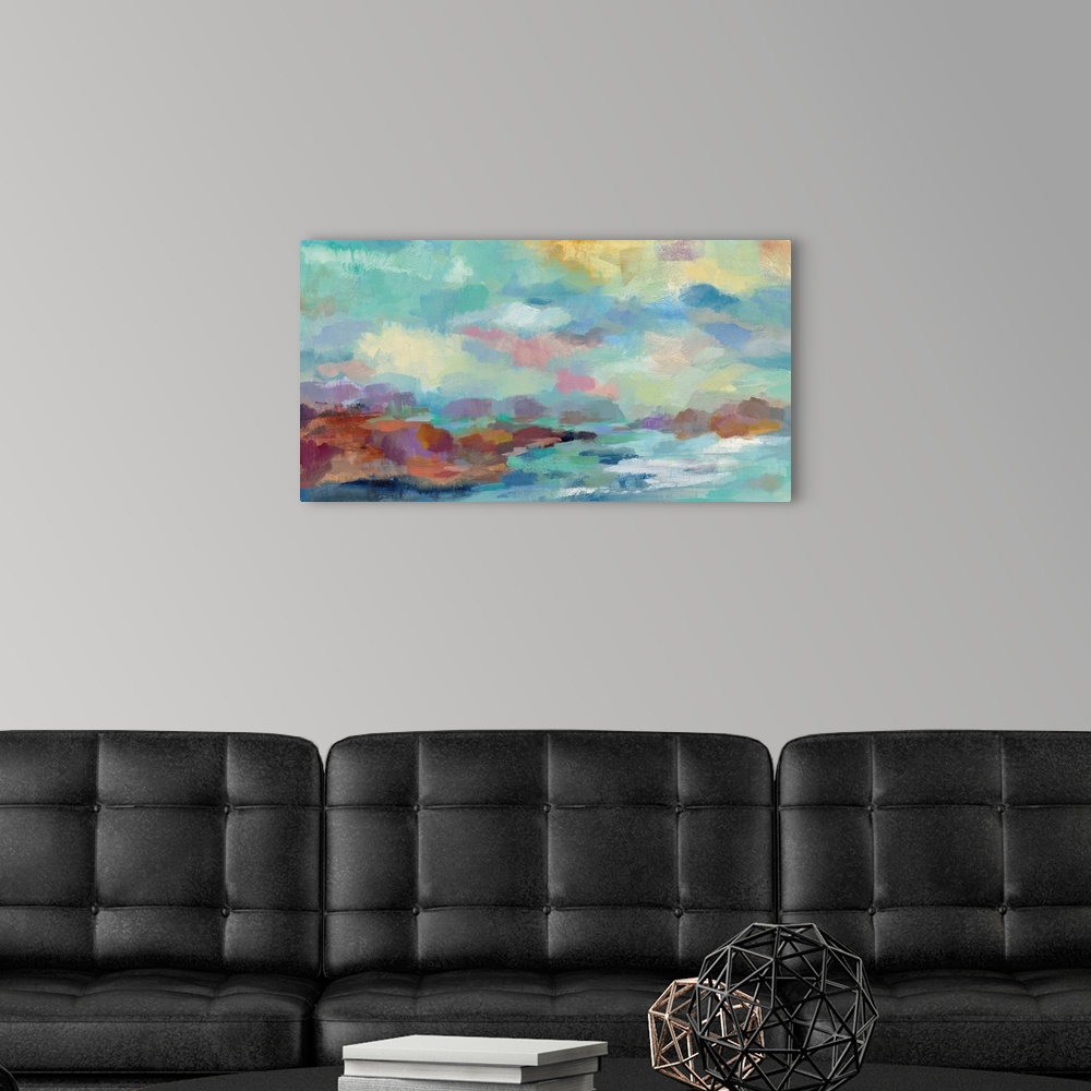 A modern room featuring Semi-abstract contemporary painting of a seascape with a rocky coast.