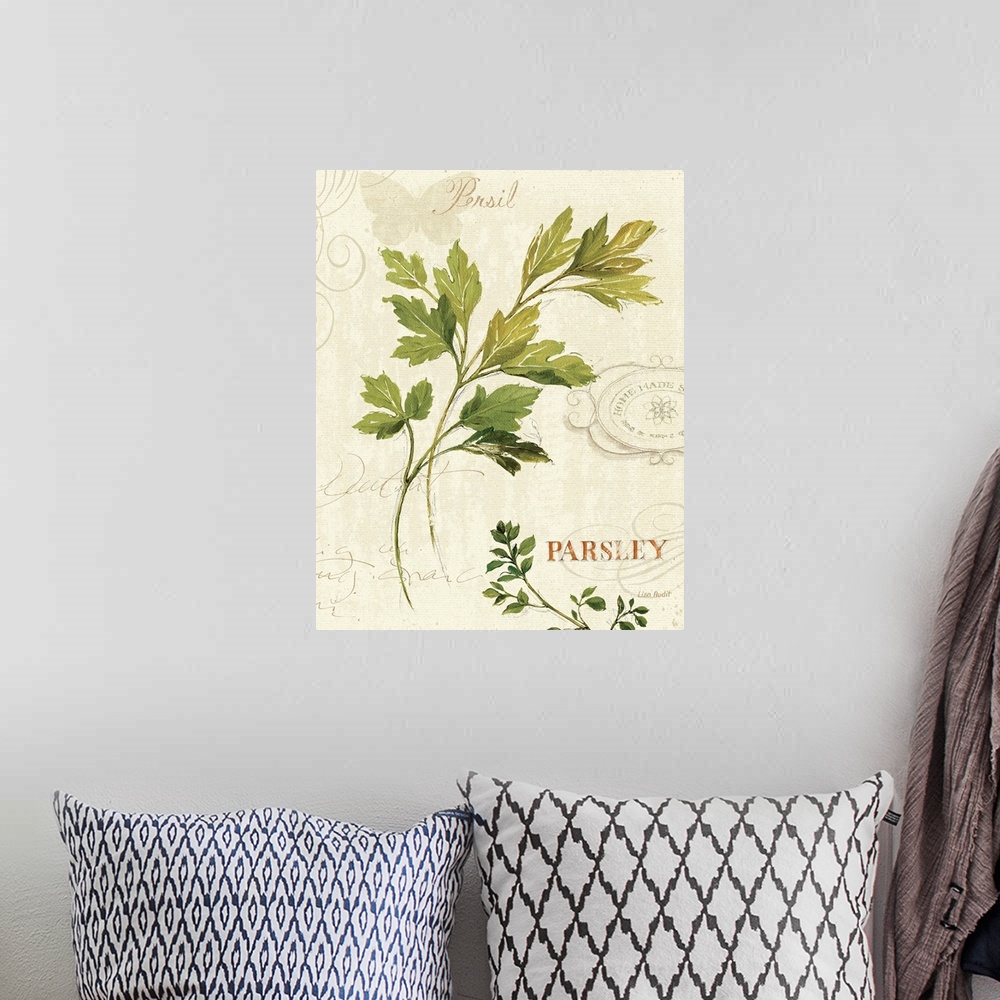 A bohemian room featuring Illustration of parsley leaves.