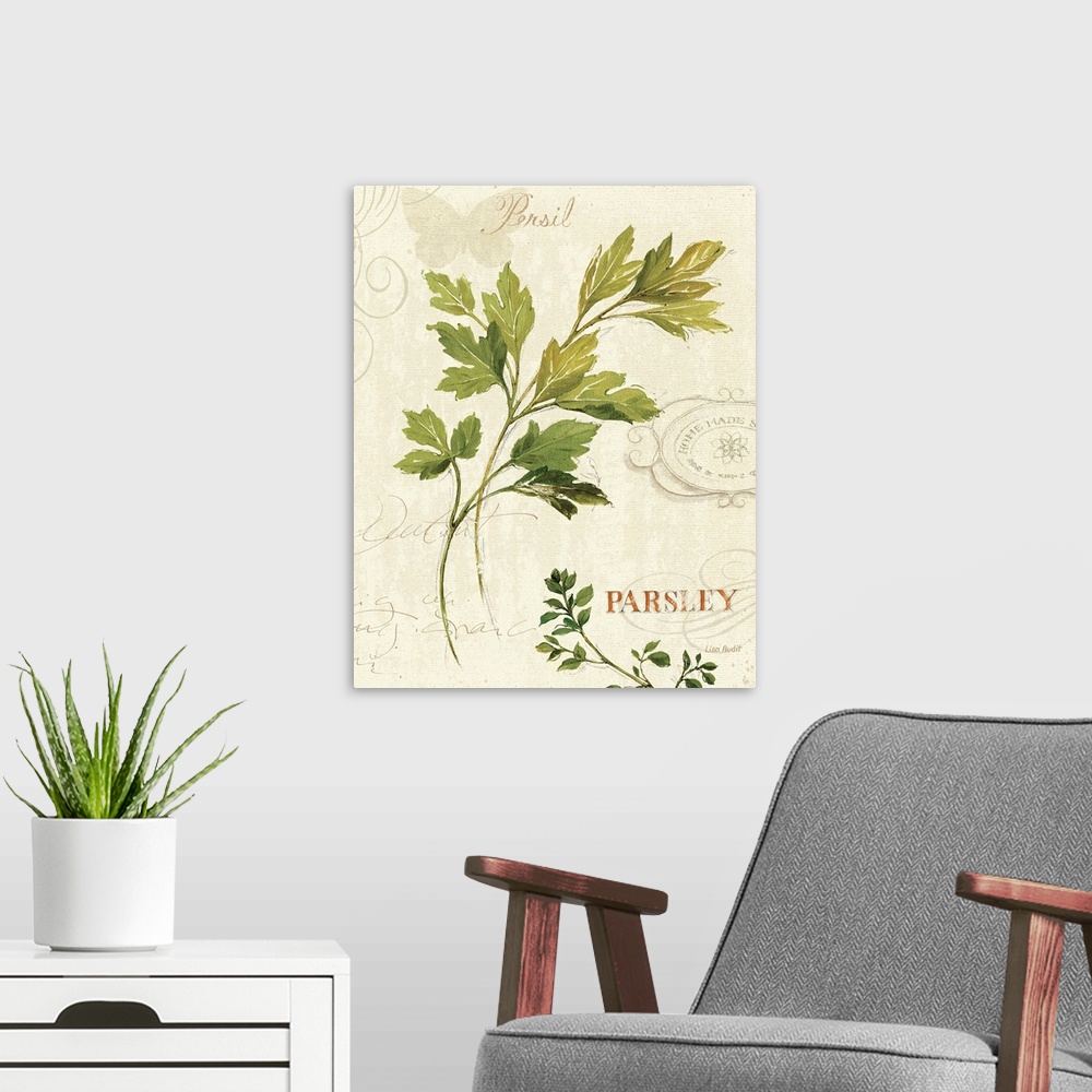 A modern room featuring Illustration of parsley leaves.