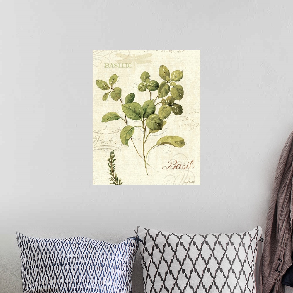 A bohemian room featuring Watercolor print of a few sprigs of a basil herb on a background decorated with text and flourishes.
