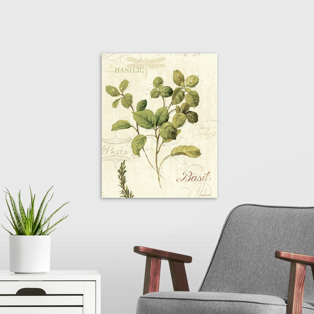 A modern room featuring Watercolor print of a few sprigs of a basil herb on a background decorated with text and flourishes.