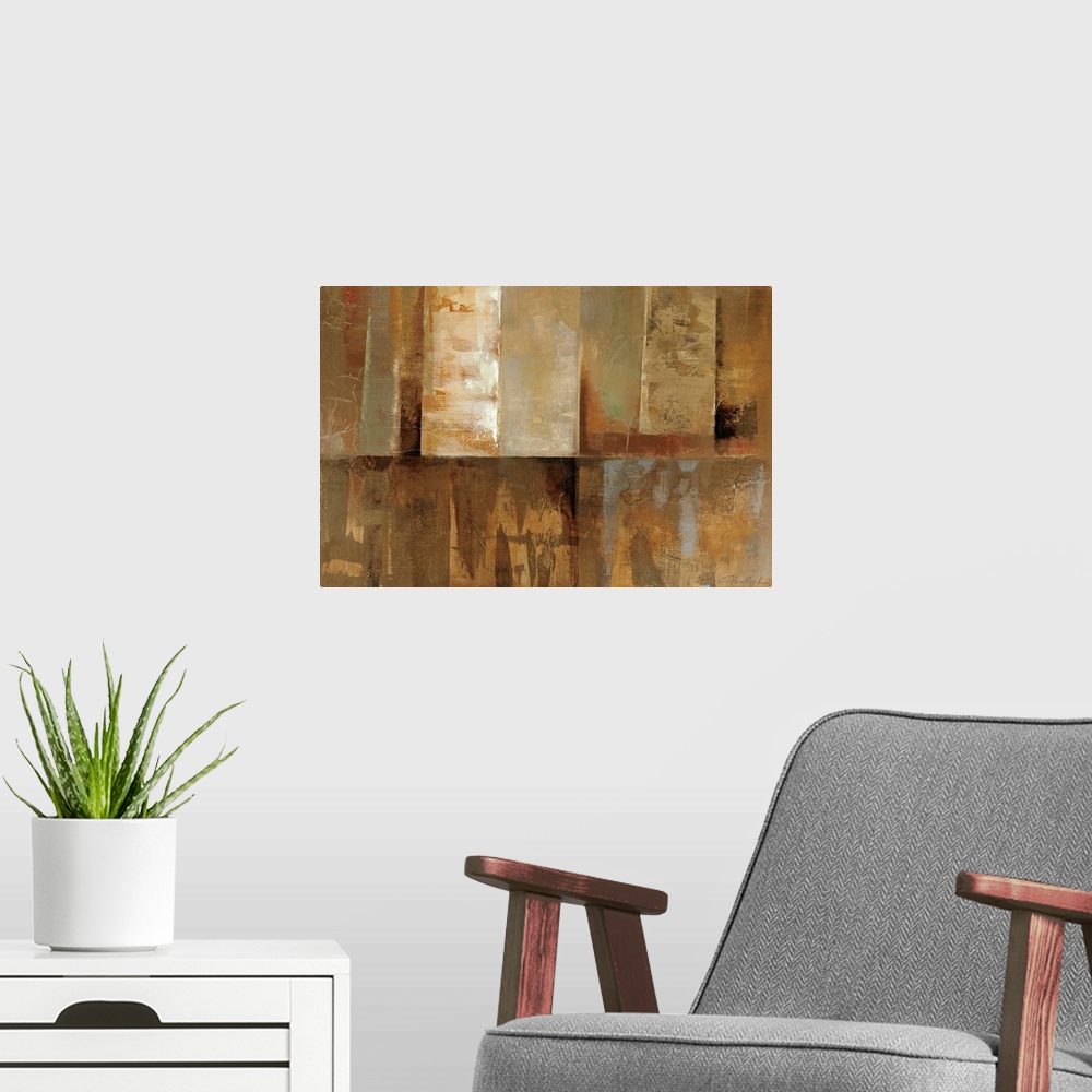 A modern room featuring Large, landscape, contemporary artwork for a living room or office.  Small rectangular blocks on ...