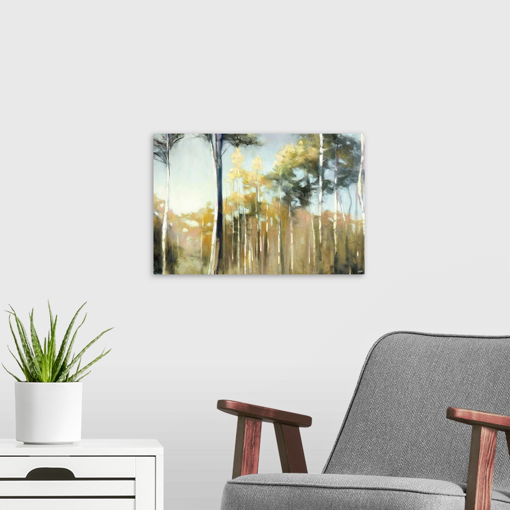 A modern room featuring Contemporary painting of an aspen forest canopy.