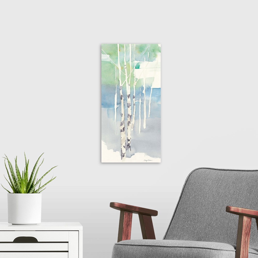 A modern room featuring Watercolor painting of thin aspen trees.