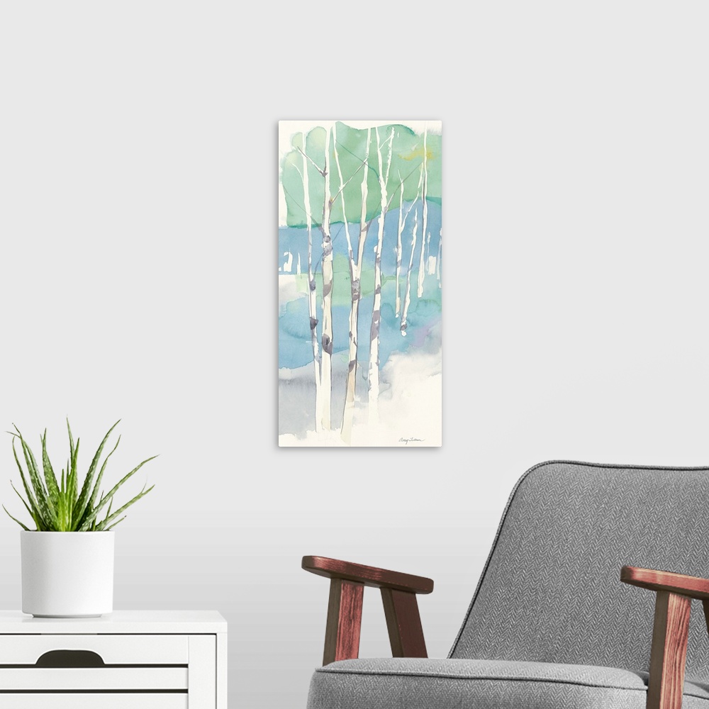 A modern room featuring Watercolor painting of thin aspen trees.
