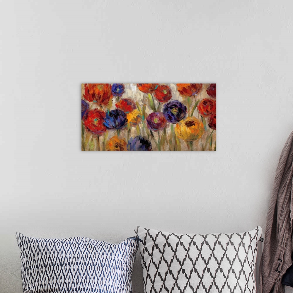 A bohemian room featuring Huge contemporary art displays a group of earth toned flowers scattered throughout the canvas art...