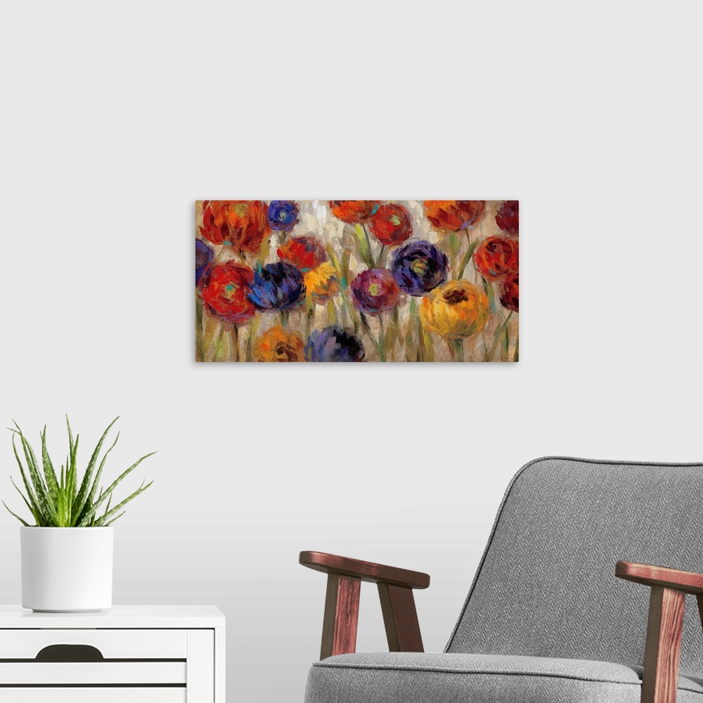 A modern room featuring Huge contemporary art displays a group of earth toned flowers scattered throughout the canvas art...