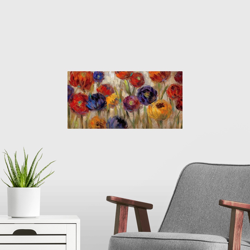 A modern room featuring Huge contemporary art displays a group of earth toned flowers scattered throughout the canvas art...