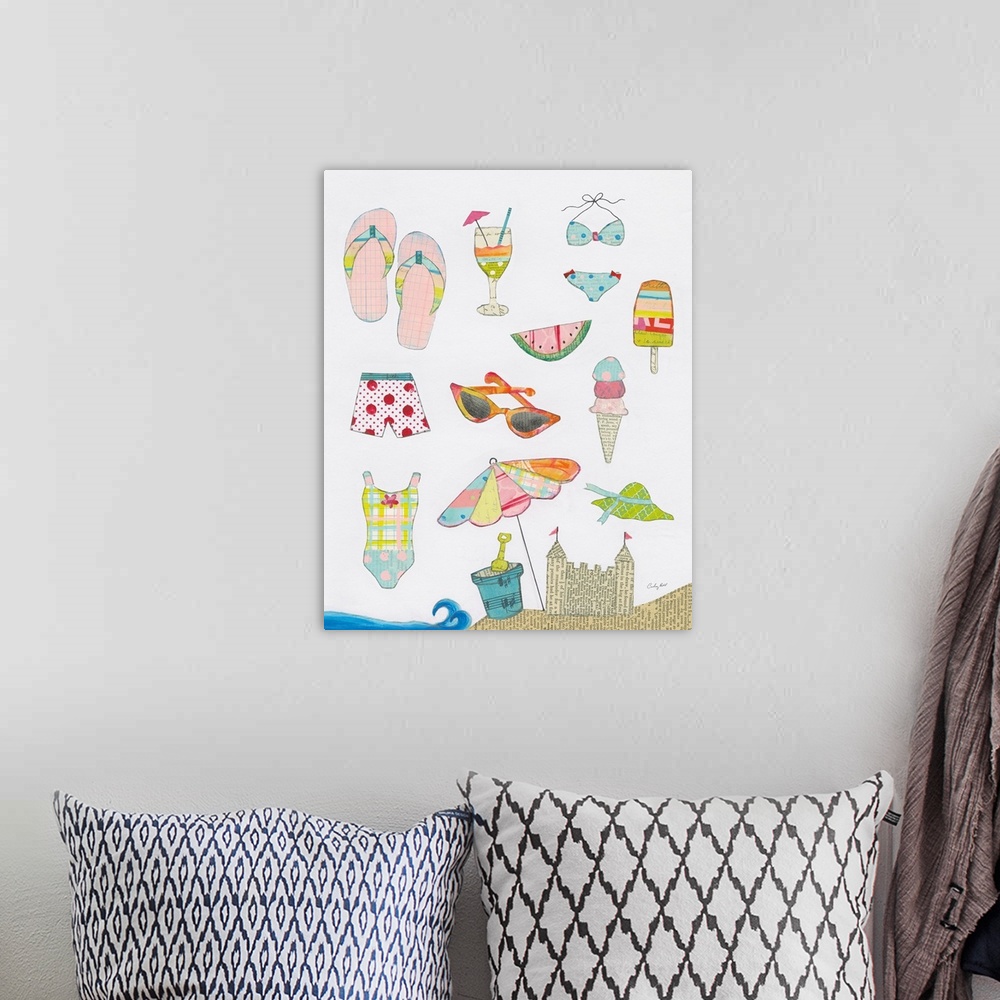 A bohemian room featuring Whimsy beach art created with mixed media.