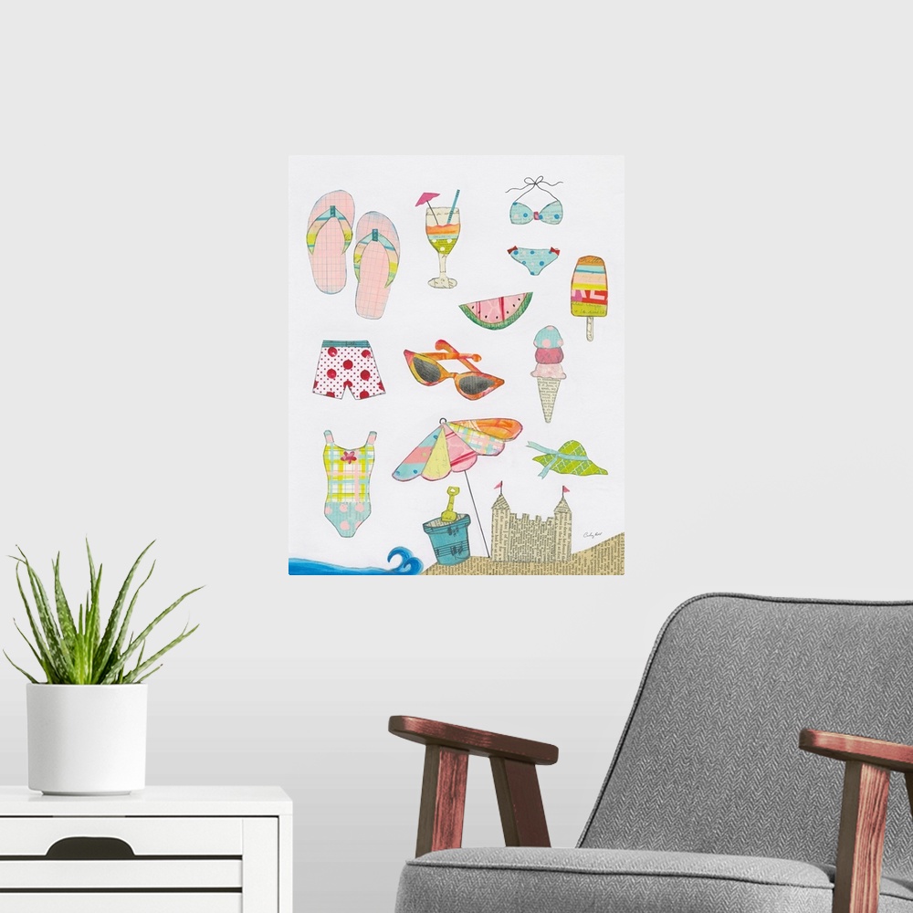 A modern room featuring Whimsy beach art created with mixed media.