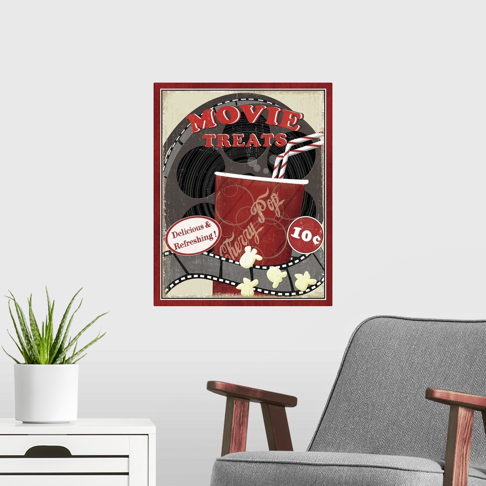 A modern room featuring A vintage poster of a movie reel with a cup of soda drawn in front of it and some kernels of popc...