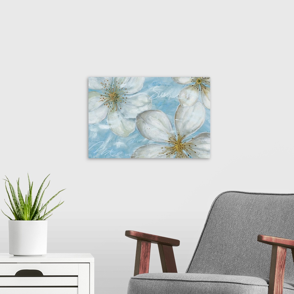 A modern room featuring Floral drawing of three large magnolia blossoms on a textured blue background.