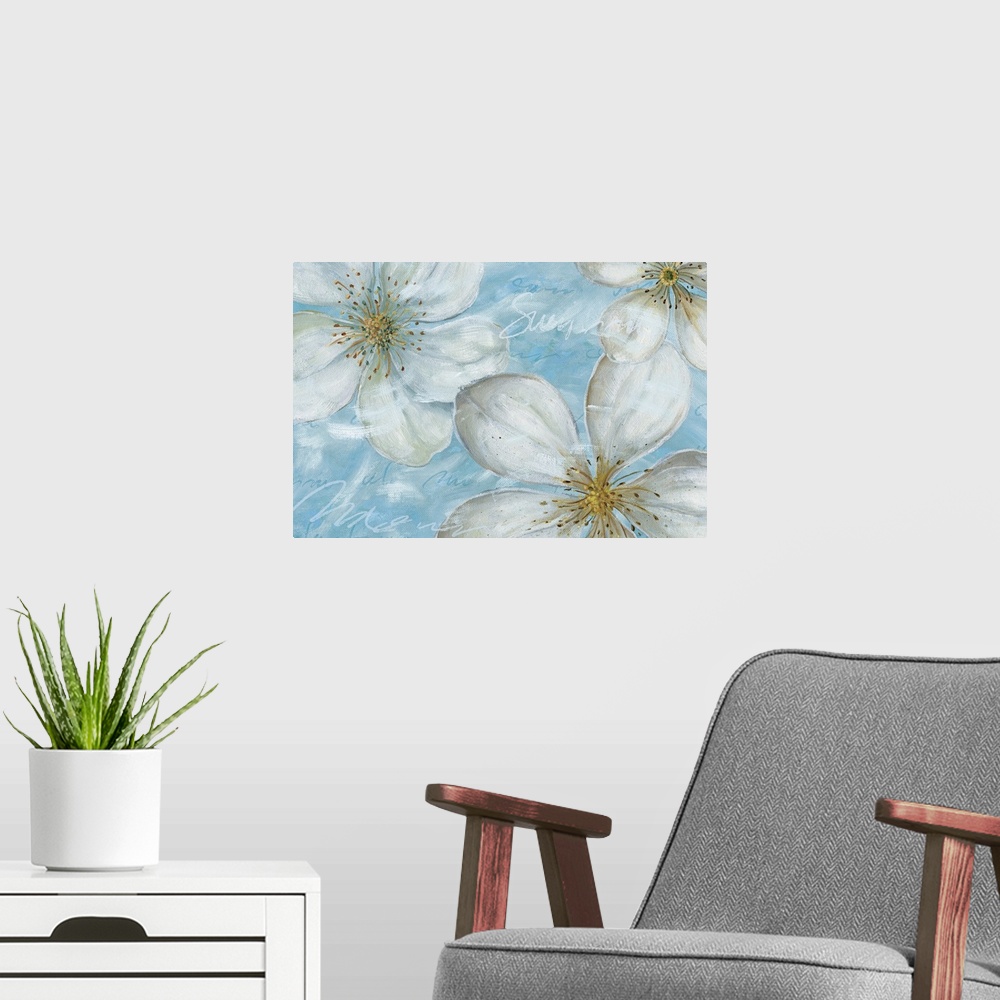 A modern room featuring Floral drawing of three large magnolia blossoms on a textured blue background.