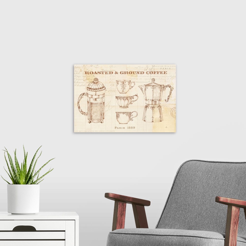 A modern room featuring Vintage illustration of beautiful coffee cups, a french press, and a macchinetta on a coffee stai...
