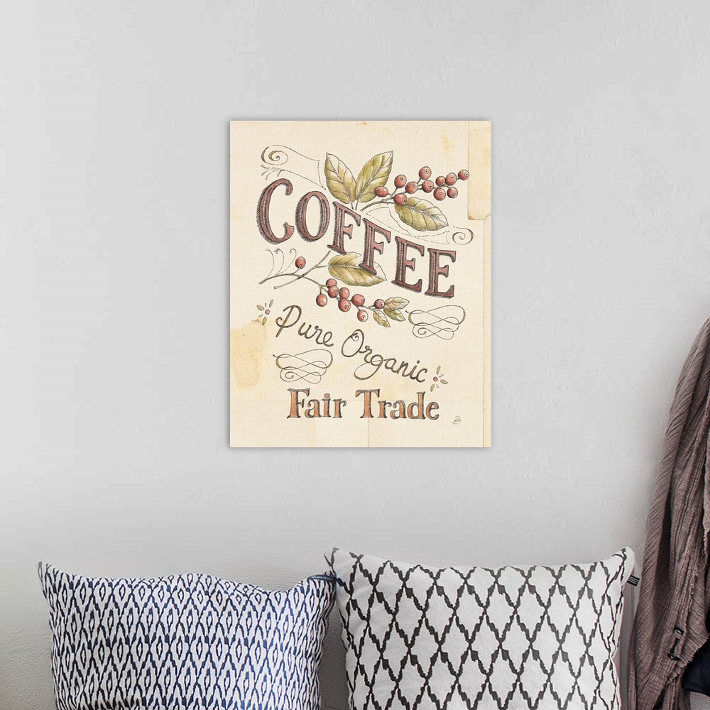 A bohemian room featuring Vintage Pure Organic Fair Trade Coffee Advertisement