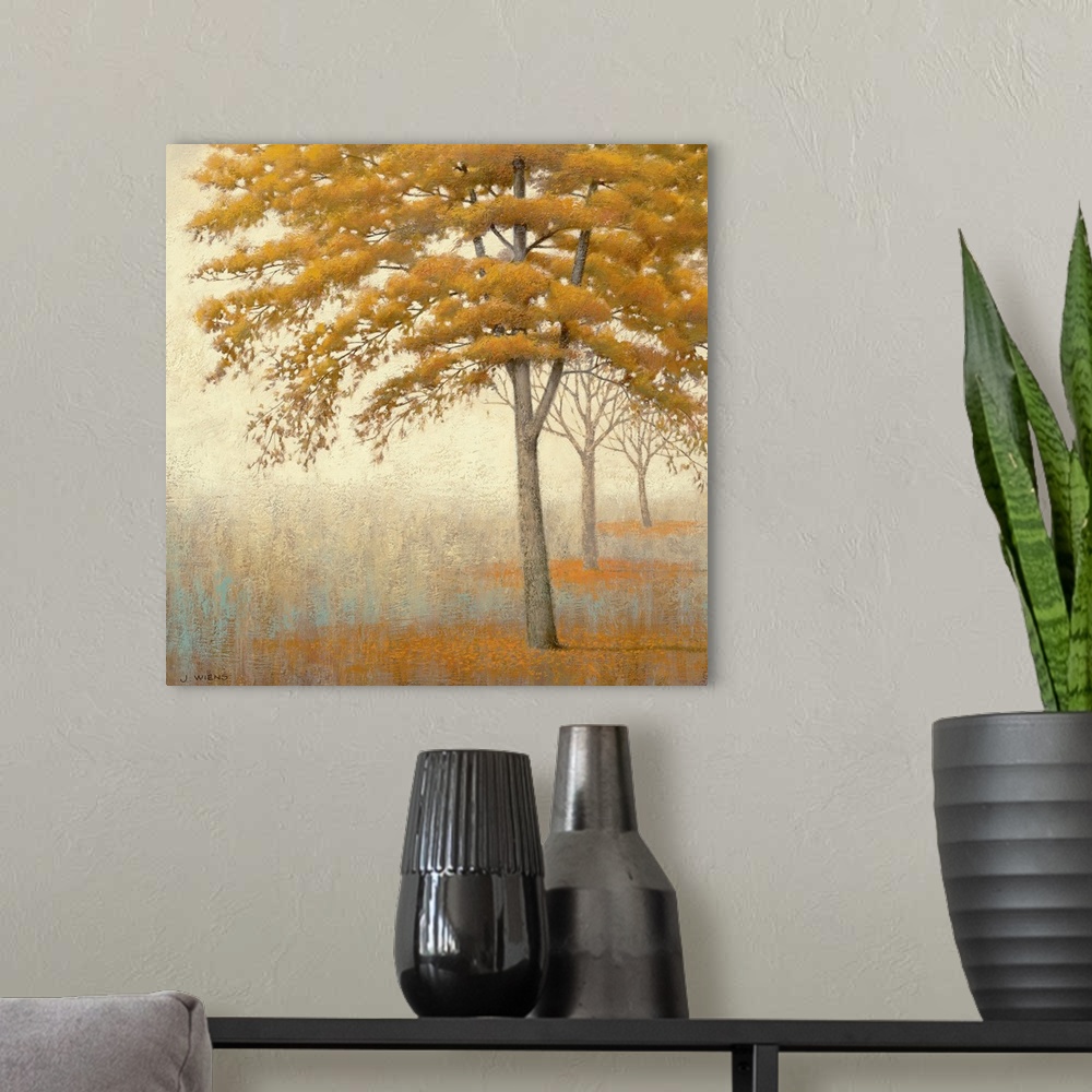 A modern room featuring Painting on canvas of a line of trees in a foggy landscape.