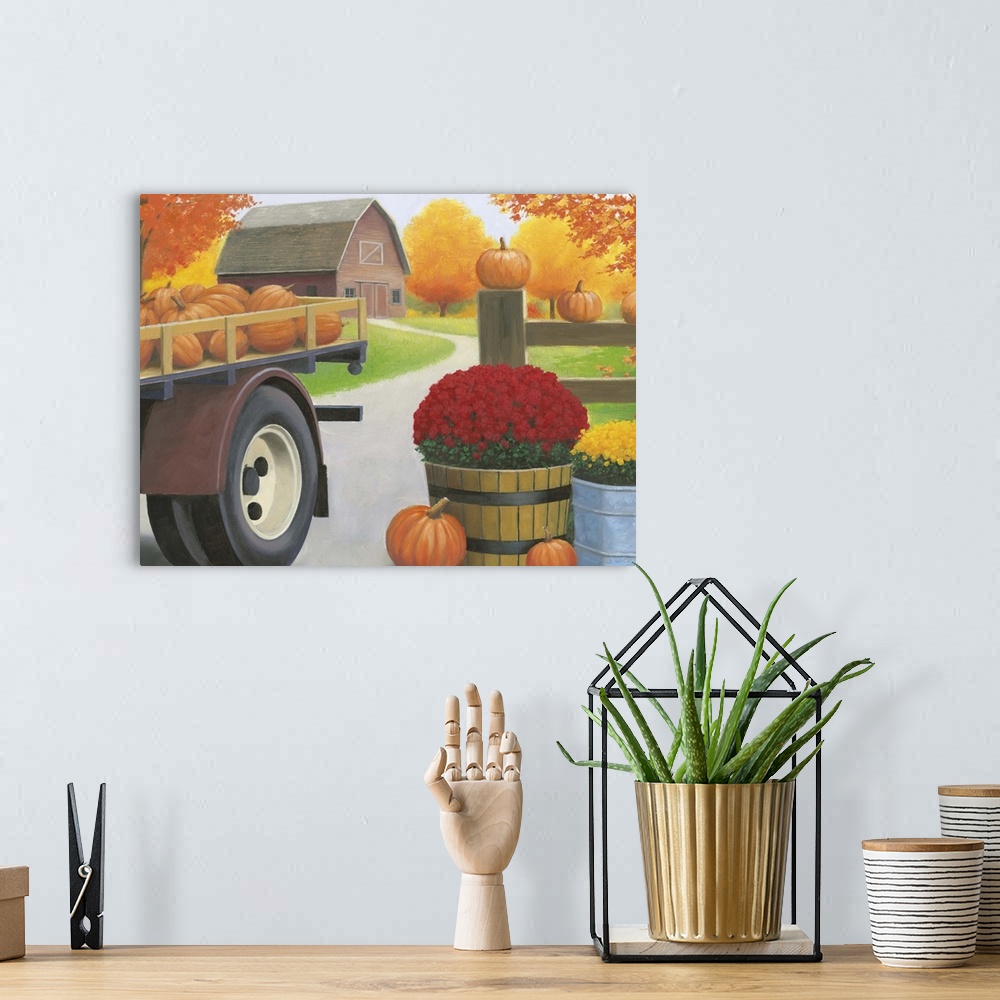 A bohemian room featuring Decorative Fall painting of a farm with a trailer full of pumpkins, potted mums, and a red barn i...