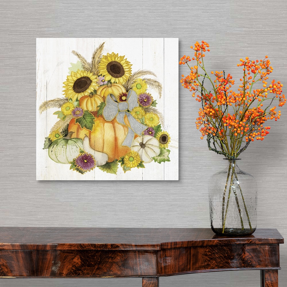 A traditional room featuring A square Fall decorative piece with an arrangement of flowers and pumpkins on a white wood panele...