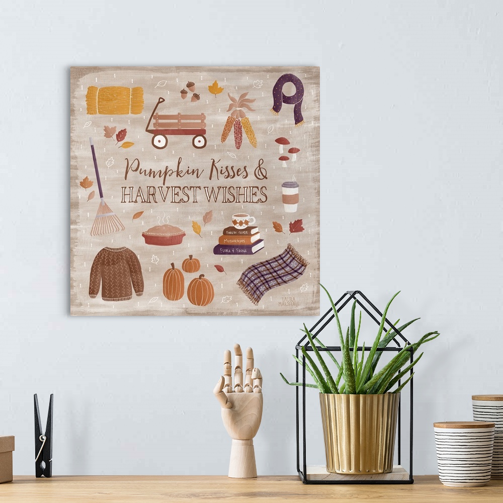A bohemian room featuring Seasonal decor with cute illustrations of all things Fall and the text "Pumpkin Kisses and Harves...