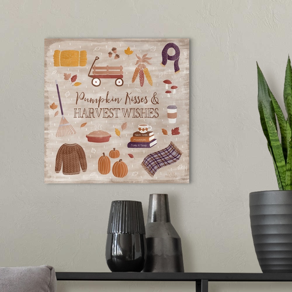 A modern room featuring Seasonal decor with cute illustrations of all things Fall and the text "Pumpkin Kisses and Harves...