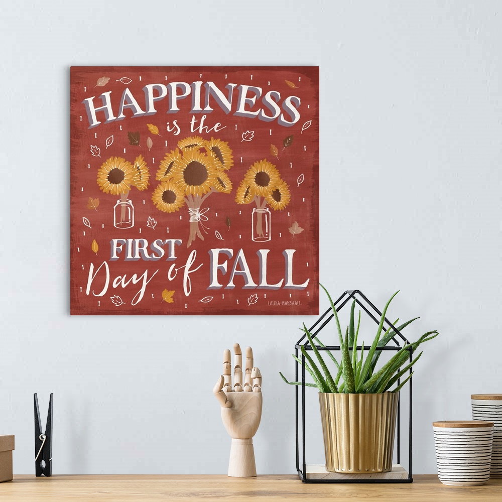 A bohemian room featuring Square Fall decor with illustrations of sunflowers bundled up and leaves falling all around with ...