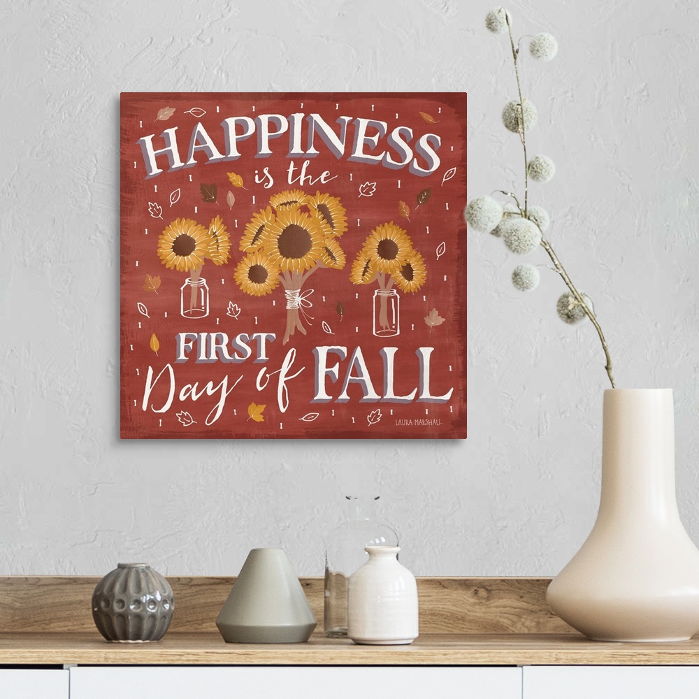 A farmhouse room featuring Square Fall decor with illustrations of sunflowers bundled up and leaves falling all around with ...