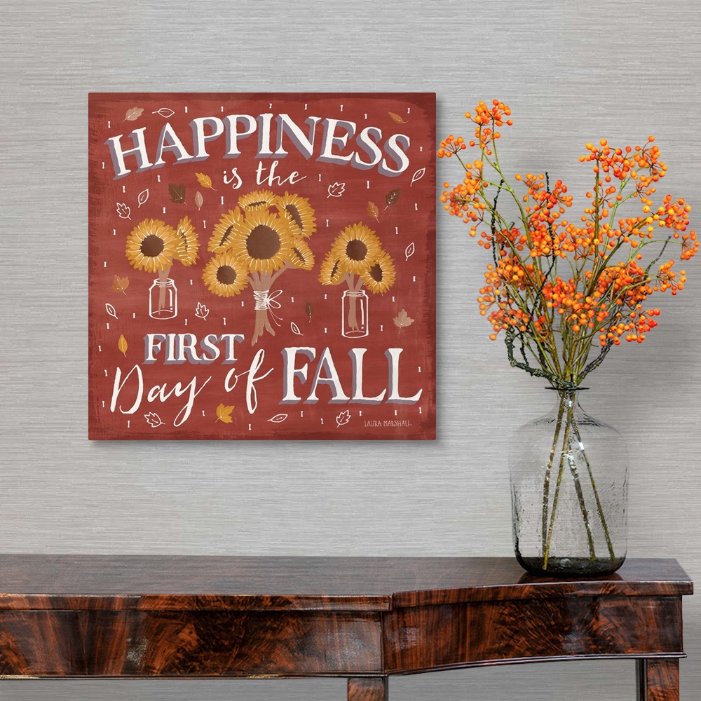 A traditional room featuring Square Fall decor with illustrations of sunflowers bundled up and leaves falling all around with ...