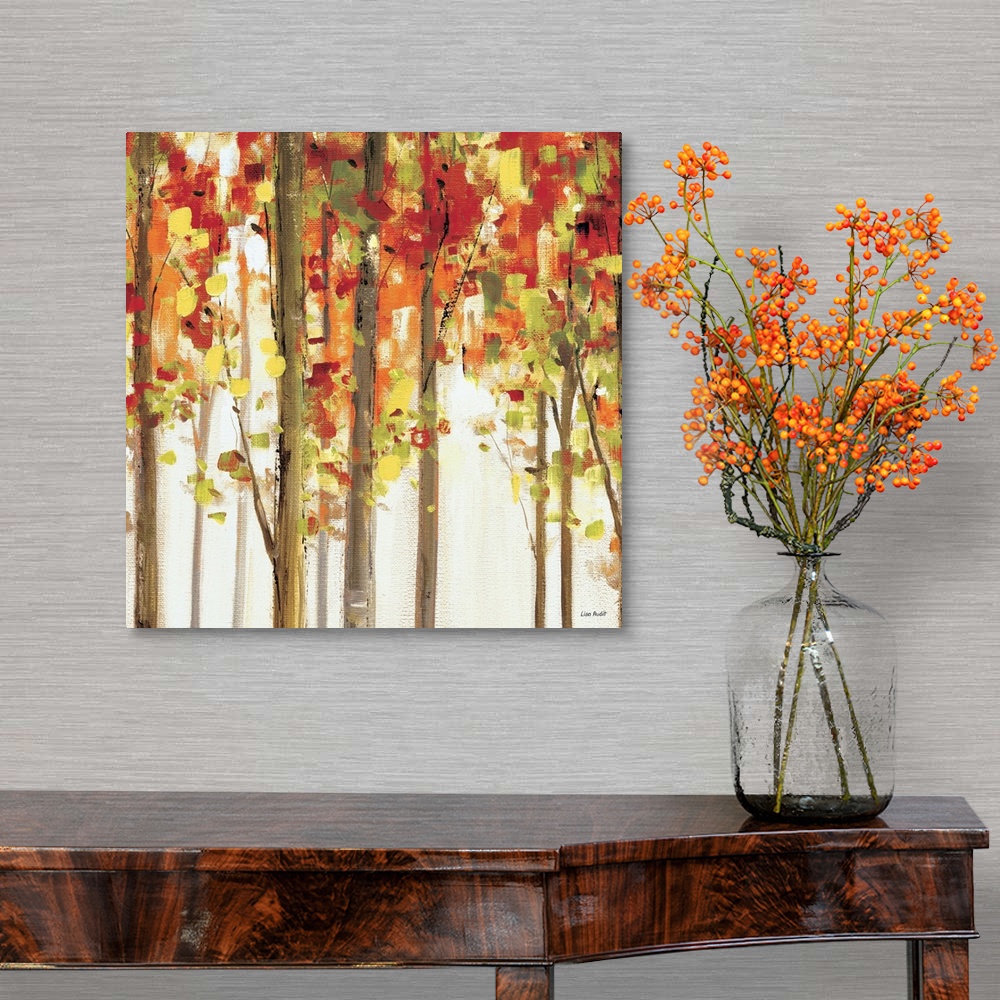 A traditional room featuring Contemporary painting of tree tops covered in fall colored foliage.