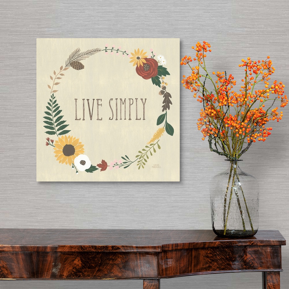 A traditional room featuring "Live Simply" in the center of a wreath of autumn flowers on a beige background.