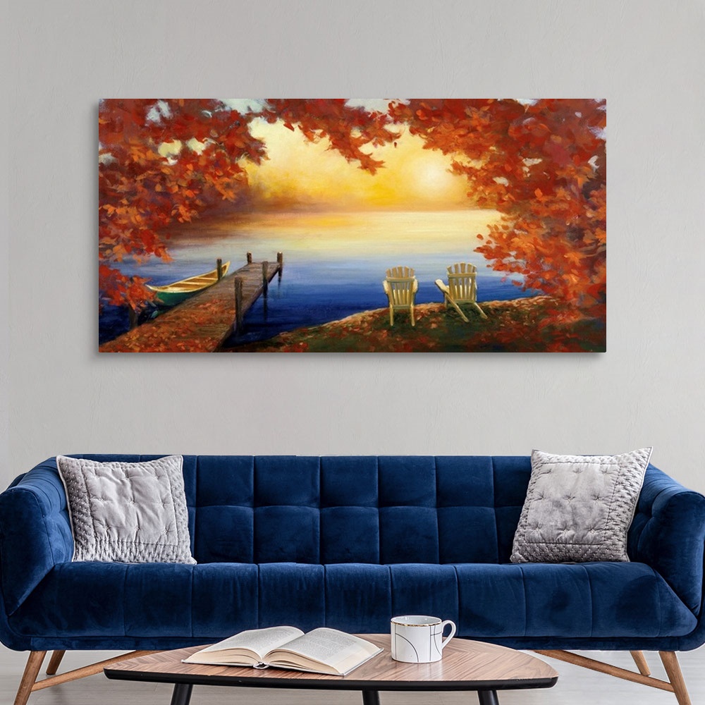 A modern room featuring Contemporary painting of adirondack chairs overlooking a lake with a pier.
