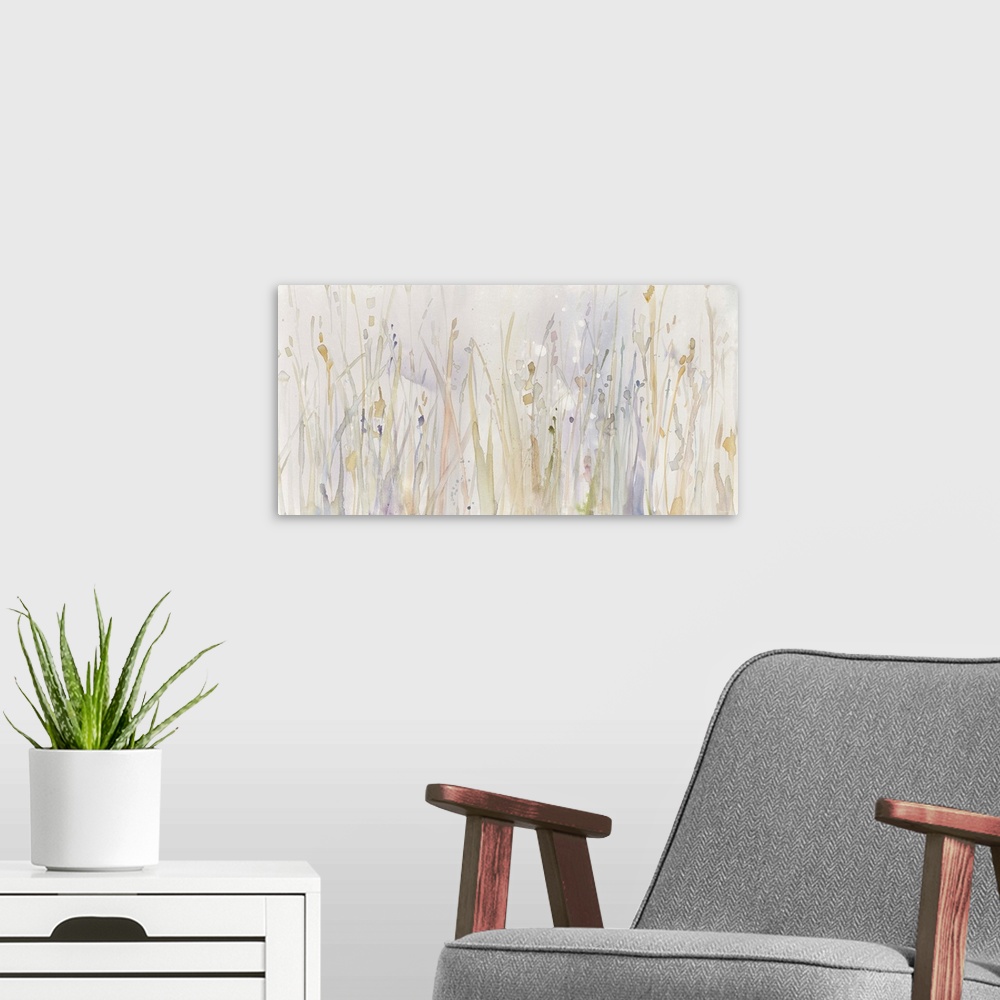 A modern room featuring Abstract watercolor painting of grass in Fall purple, orange, and green hues