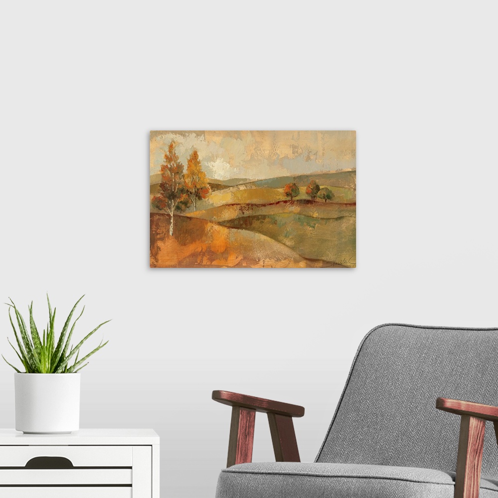 A modern room featuring Painting of rolling hills dotted with occassional trees. Rough texture throughout.