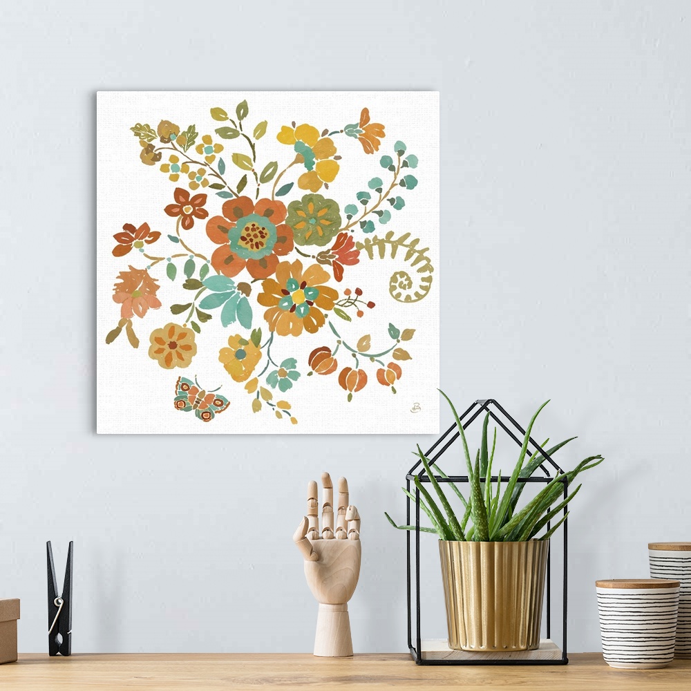 A bohemian room featuring Illustrated Autumn flowers and a butterfly on a white, square background with faint, grey dots.