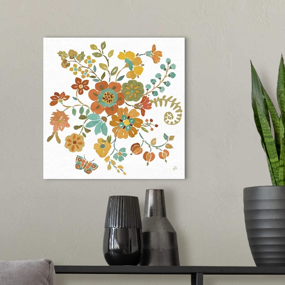 A modern room featuring Illustrated Autumn flowers and a butterfly on a white, square background with faint, grey dots.