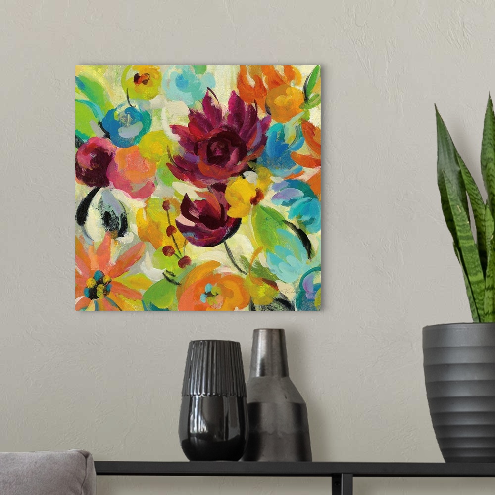 A modern room featuring Square floral contemporary abstract painting with Autumn colors.