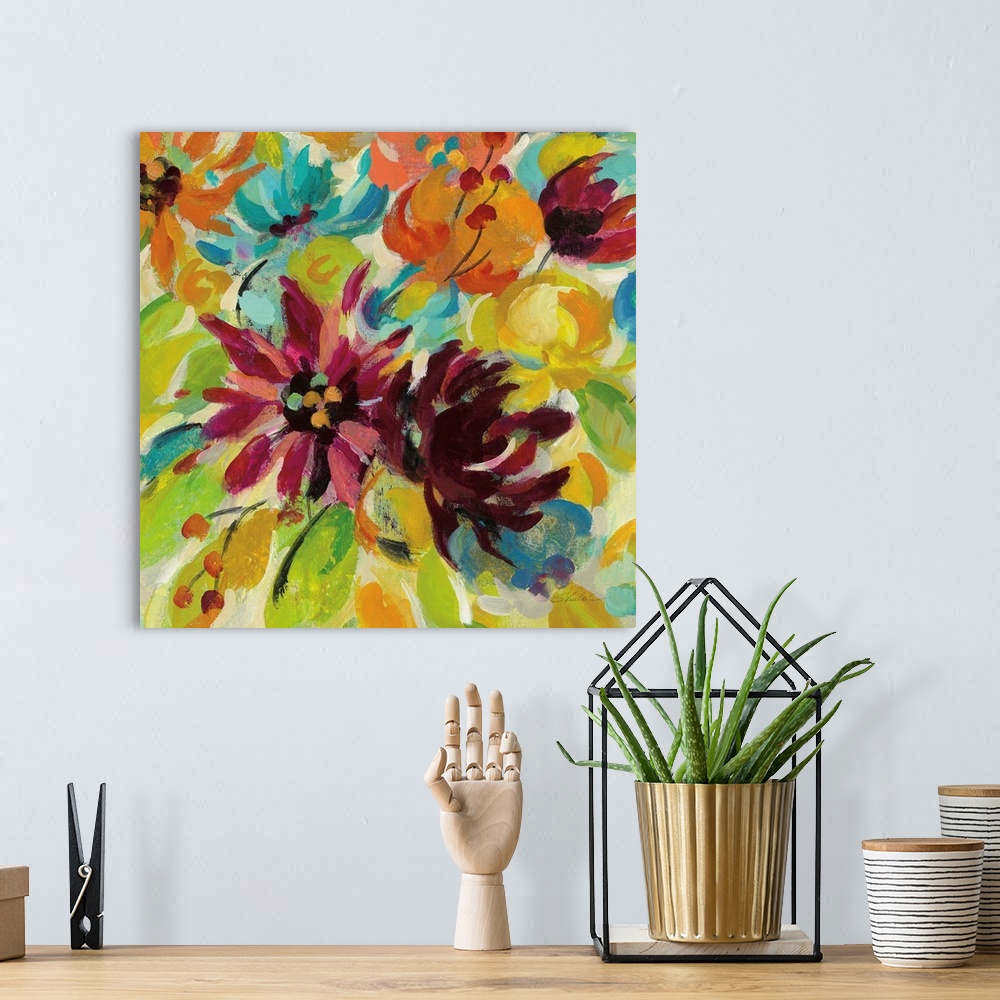 A bohemian room featuring Square floral contemporary abstract painting with Autumn colors.