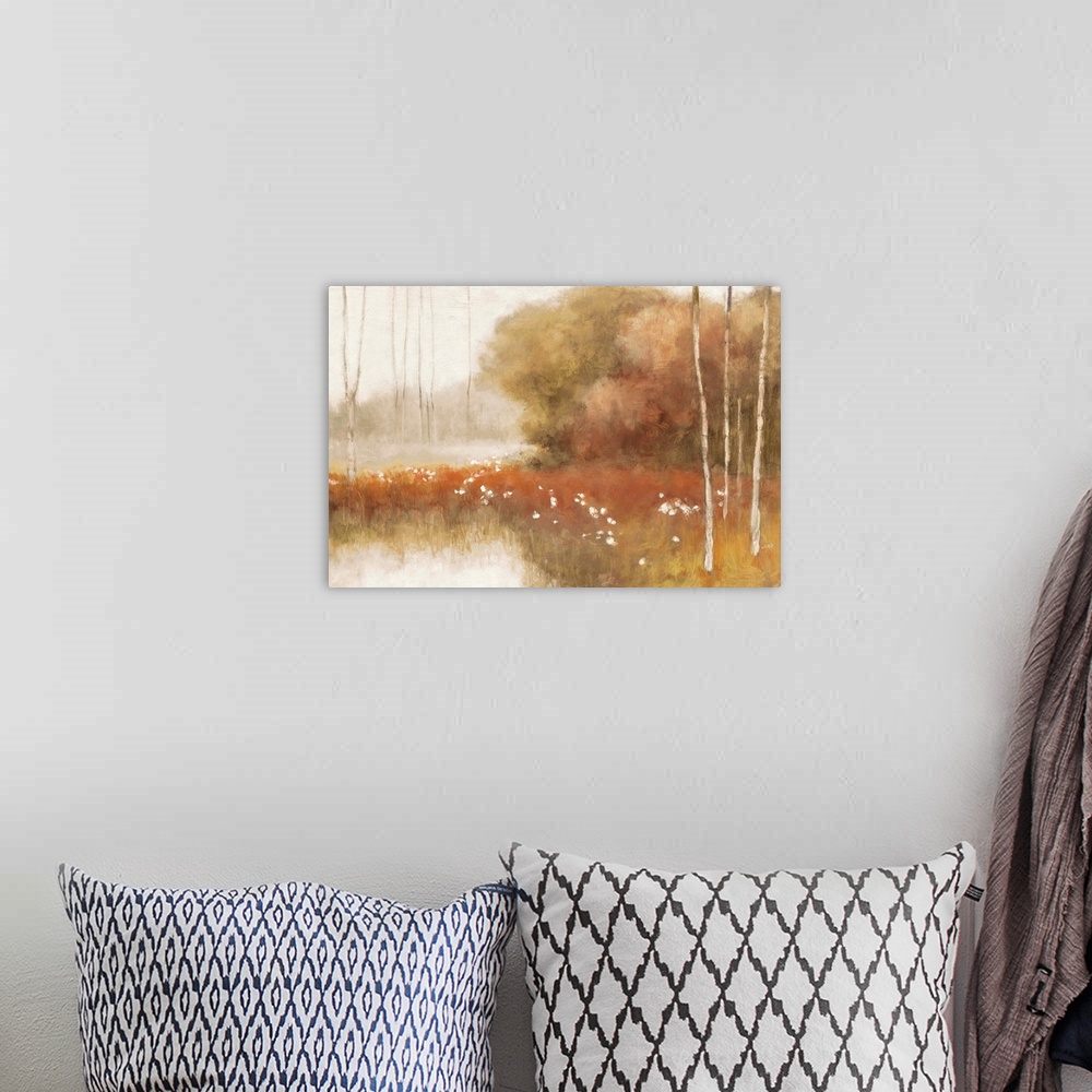A bohemian room featuring Abstract landscape painting of birch trees in the Fall.