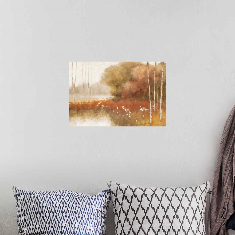 A bohemian room featuring Abstract landscape painting of birch trees in the Fall.