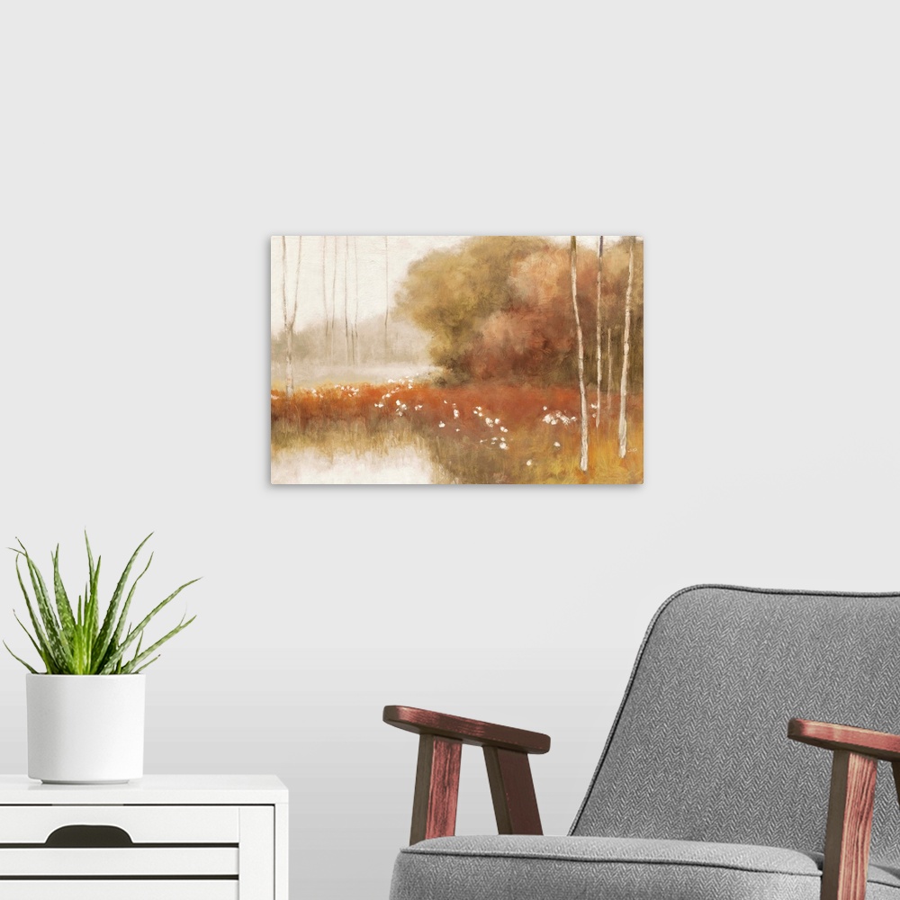 A modern room featuring Abstract landscape painting of birch trees in the Fall.